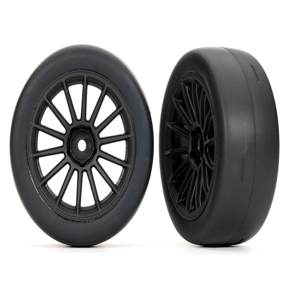 Traxxas Tires and Wheels, Assembled, Glued (Multi-Spoke Black Wheels, 2.0" Ultra-Wide Slick Tires with Foam Inserts) for Front Qty 2