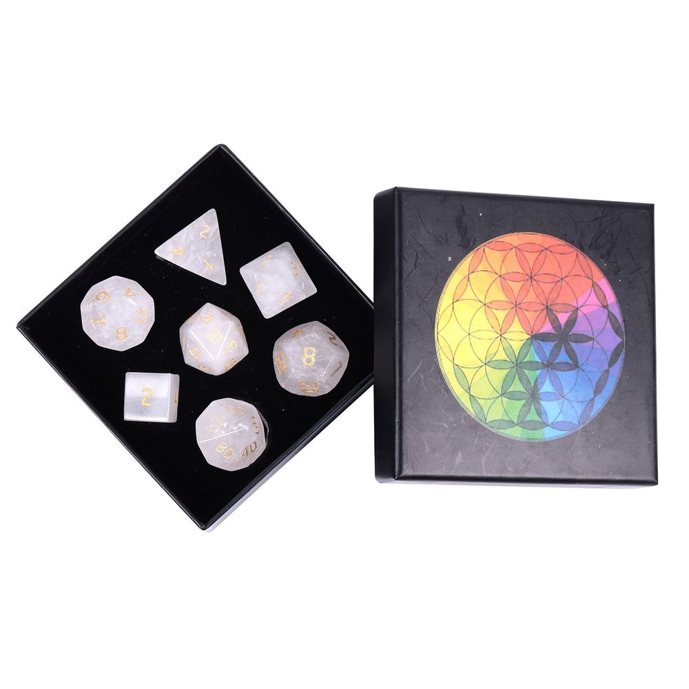 Nupuyai Healing Rock Quartz Crystal D&D Polyhedral Dice Set with Box for Dungeons and Dragons, Set of 7 Table Top Game Dice for RPG MTG Roleplaying Collection