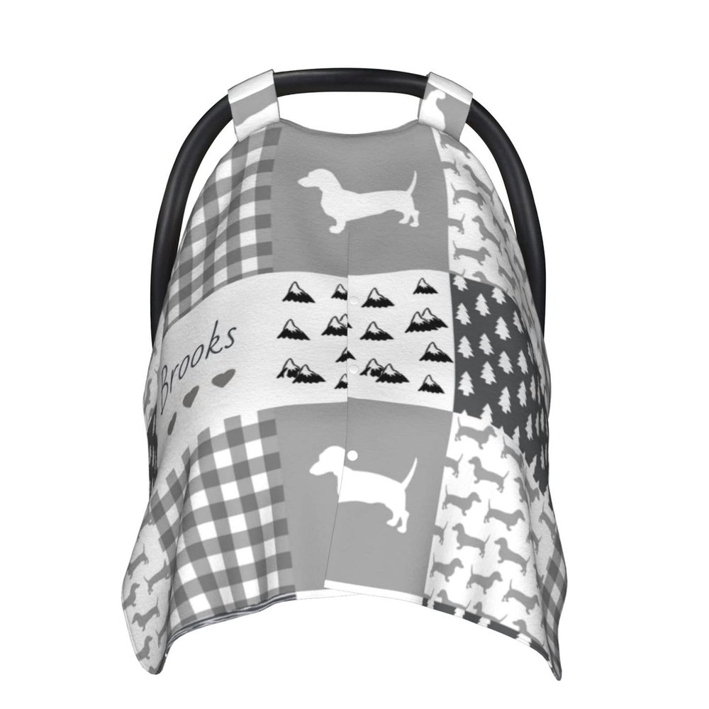 Personalized Cute Dog Plaid Baby Infant Car Seats Canopy for Babies with Name, Custom Multi-use Blankets for Baby Boys Girls, Peekaboo Minky Nursing Breastfeeding Stroller Cover Canopies for Newborn