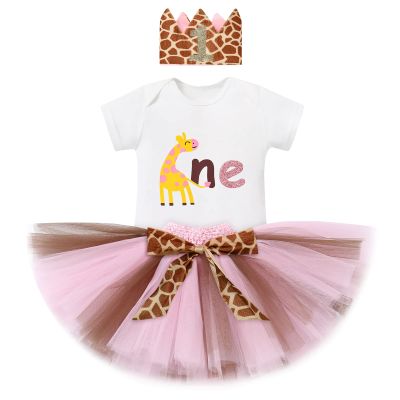 IDOPIP Baby Girls Giraffe 1st Birthday Outfit Milk Cow Romper Tutu Skirt Headband 3PCS Clothes Set for Cake Smash Photo Props Jungle Theme Animals dress Pink Giraffe One 12-18 Months