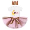 IDOPIP Baby Girls Giraffe 1st Birthday Outfit Milk Cow Romper Tutu Skirt Headband 3PCS Clothes Set for Cake Smash Photo Props Jungle Theme Animals dress Pink Giraffe One 12-18 Months view 1