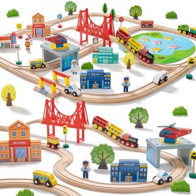 Tiny Land 110PCS Wooden Train Set  Toy Train with Tracks for Kids Ages 3-7, Compatible with Major Brands, Ideal Railway Playset for Boys and Girls, Great Birthday