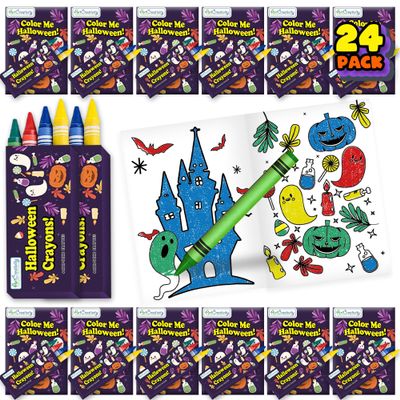 ArtCreativity 24 Pack Halloween Mini Coloring Book Kits for Kids Includes 24 Small Coloring Books and 96 Crayons, Perfect for Halloween Party Favors, Prizes, Trick or Treat Supplies, Non-Candy Gifts