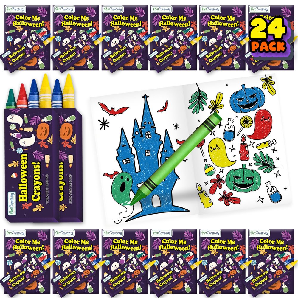 ArtCreativity 24 Pack Halloween Mini Coloring Book Kits for Kids Includes 24 Small Coloring Books and 96 Crayons, Perfect for Halloween Party Favors, Prizes, Trick or Treat Supplies, Non-Candy Gifts