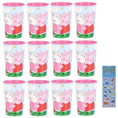 Unique Peppa Pig Birthday Party Supplies Bundle Pack includes 12 Plastic Reusable Cups and 1 Dinosaur Sticker Sheet