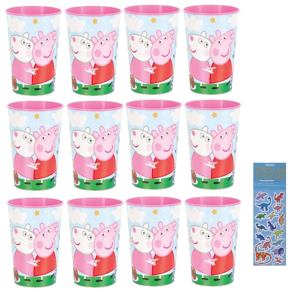 Unique Peppa Pig Birthday Party Supplies Bundle Pack includes 12 Plastic Reusable Cups and 1 Dinosaur Sticker Sheet