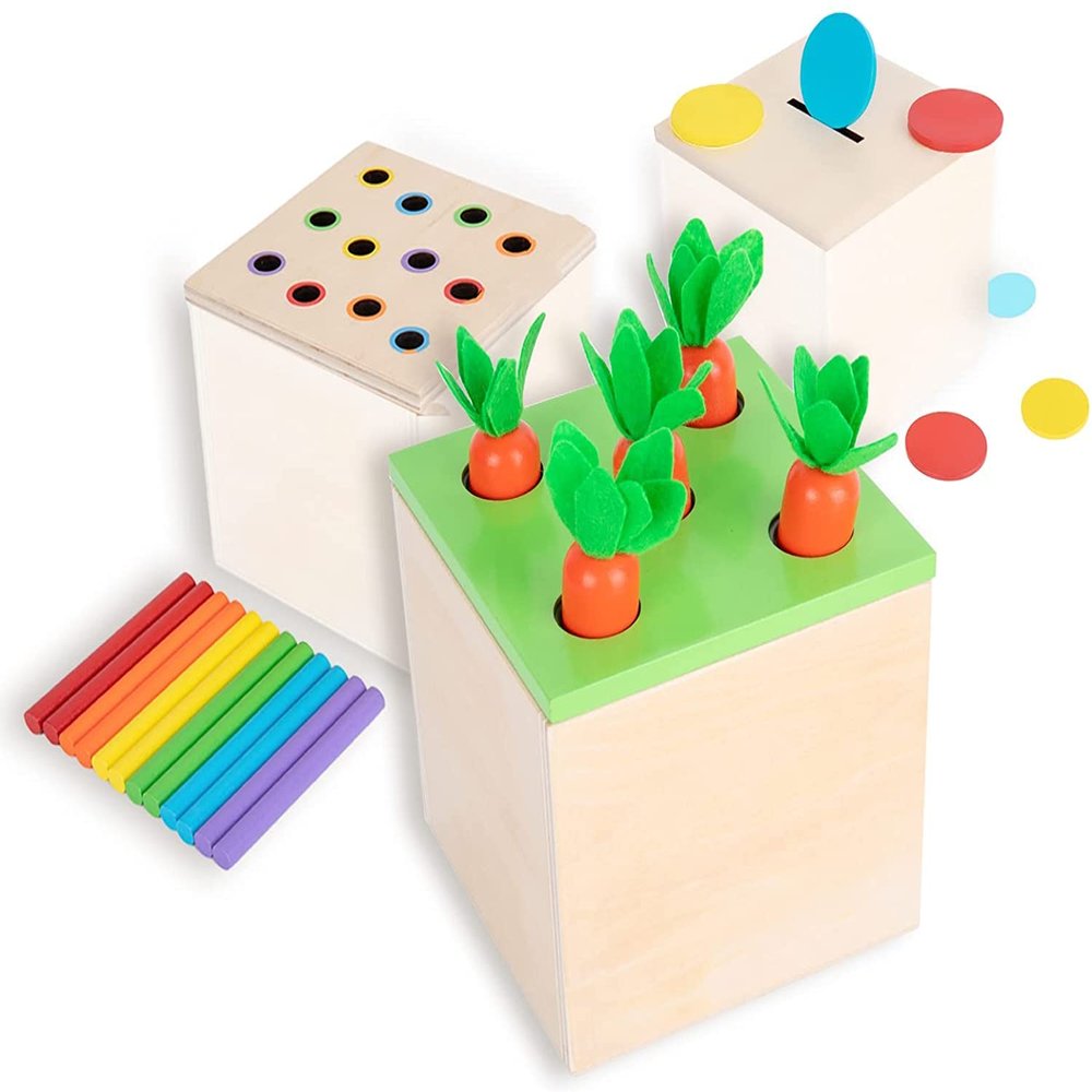 Tiger Montessori Box Wooden Play Kit, 3-in-1 Activity Cube: Includes Carrot Harvest, Object Permanent Box, Coin Box - Early Development Learning for Toddlers Ages 1-3