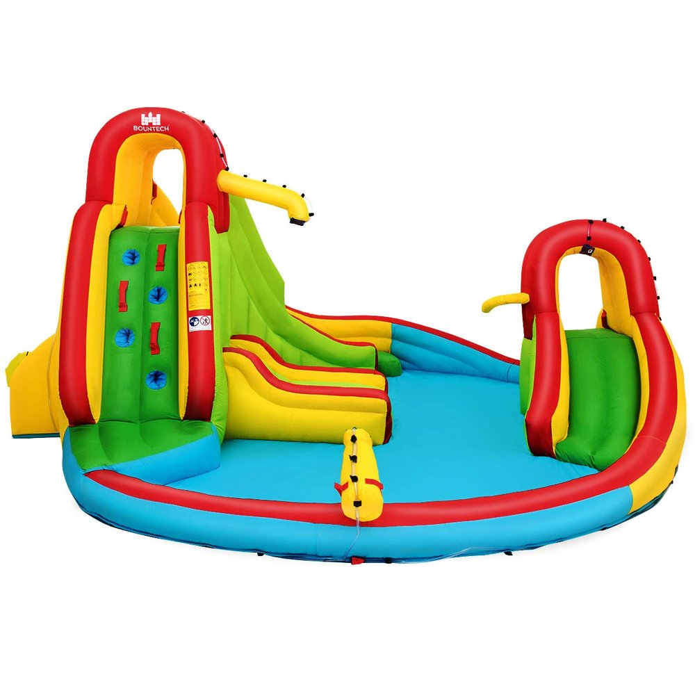 GLACER Inflatable Bounce House w/ 2 Slides, 2 Climbing Walls, Splash Pool, Water Cannon, Basketball Rim, Including Carrying Bag, Repair Kit, Water Slides for Backyard Lawn Park (Without Air Blower)