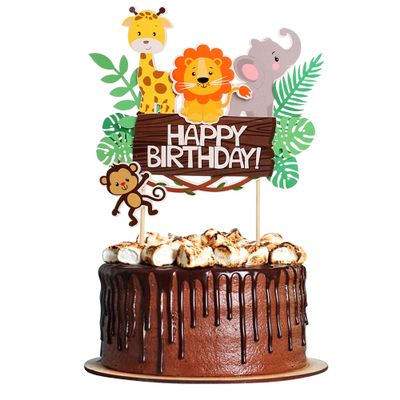 1Pcs Safari Animals Happy Birthday Cake Topper Lion Elephant Monkey Cake Picks for Baby Shower Boys Girls Safari Animal Birthday Cake Decor Jungle Animals Party Decorations