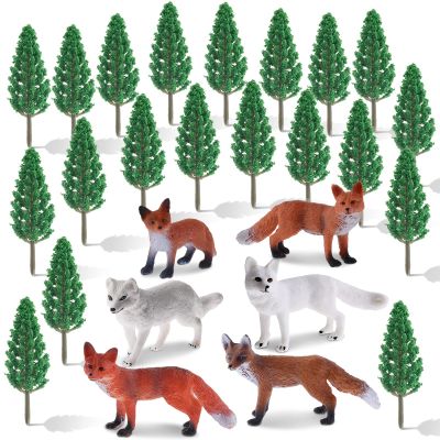Zomiboo 26 Pcs Fox Figurines Set with Miniature Trees Arctic Red Fox Models Cake Toppers for Nature Themed Decoration and Display for Halloween Christmas Birthday Party Favors