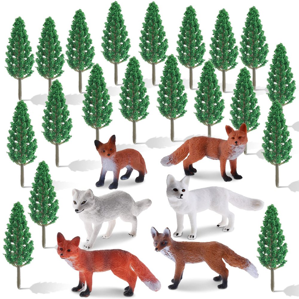 Zomiboo 26 Pcs Fox Figurines Set with Miniature Trees Arctic Red Fox Models Cake Toppers for Nature Themed Decoration and Display for Halloween Christmas Birthday Party Favors