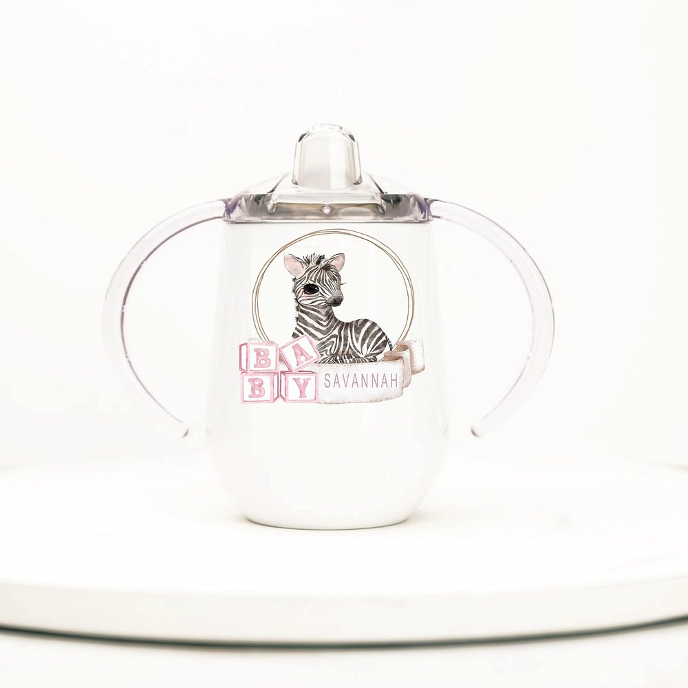Personalized Insulated Stainless Steel Sippy Cup, Any Name or Text, Baby Girl Zebra, 10oz, BPA Free, Sippy cup for toddlers, Sippy cup for baby