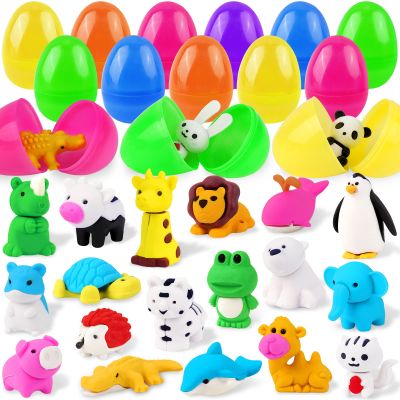 24 Pcs Animal Erasers for Easter Eggs, 24 Pcs Easter Eggs Prefilled for Hunt Party Favors Classroom Prize Supplies, Easter Eraser Decorations Multicolor