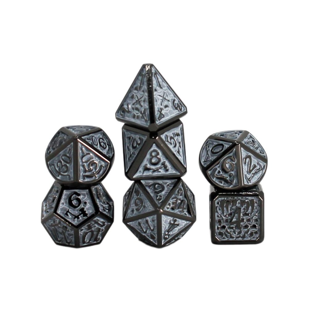 Seven Seas Pirates Metal Antique Silver and White Web Dice Set with Display Box