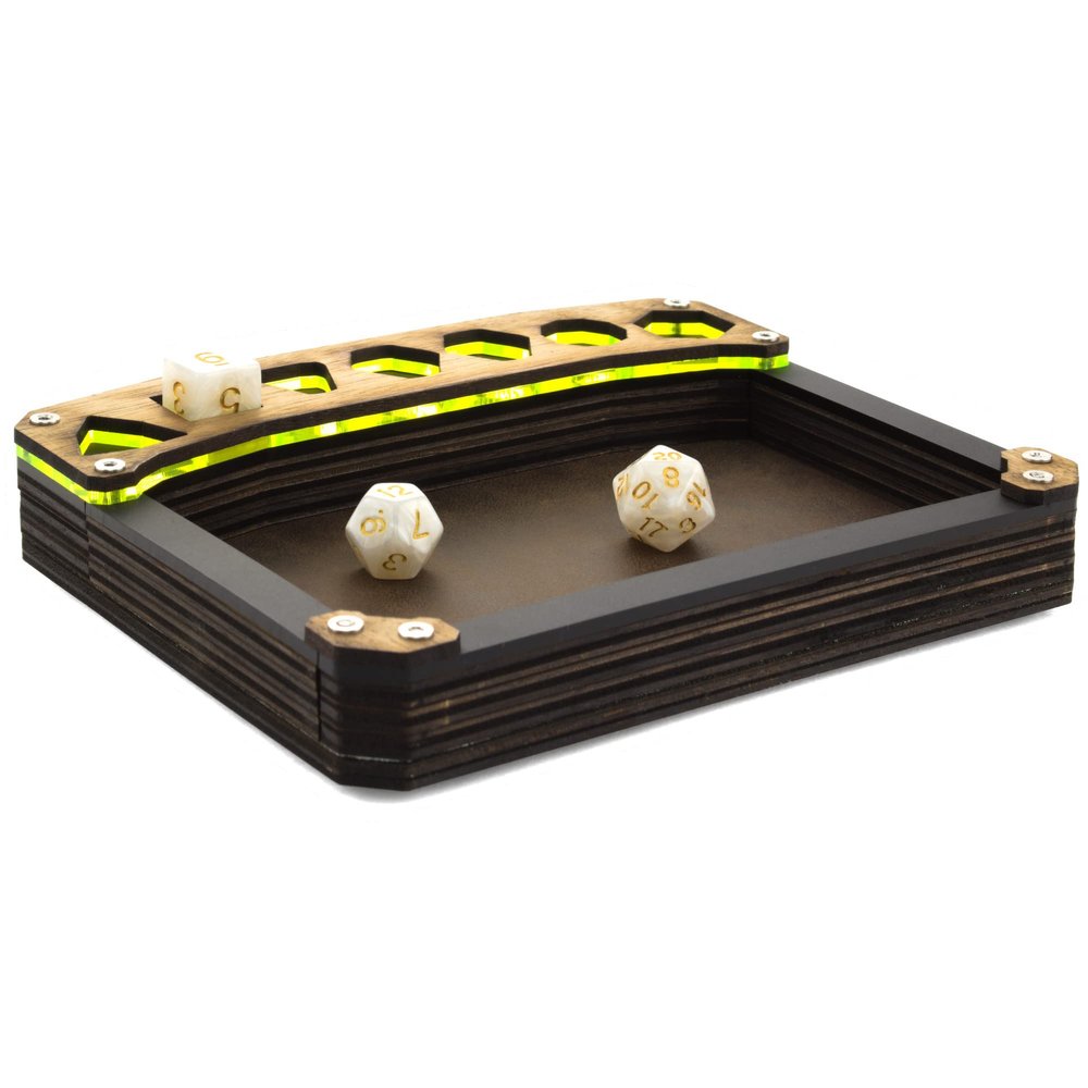 C4Labs Mini Display Dice Tray with Genuine Walnut Top Rustic Vegan Leather, Laser Lime