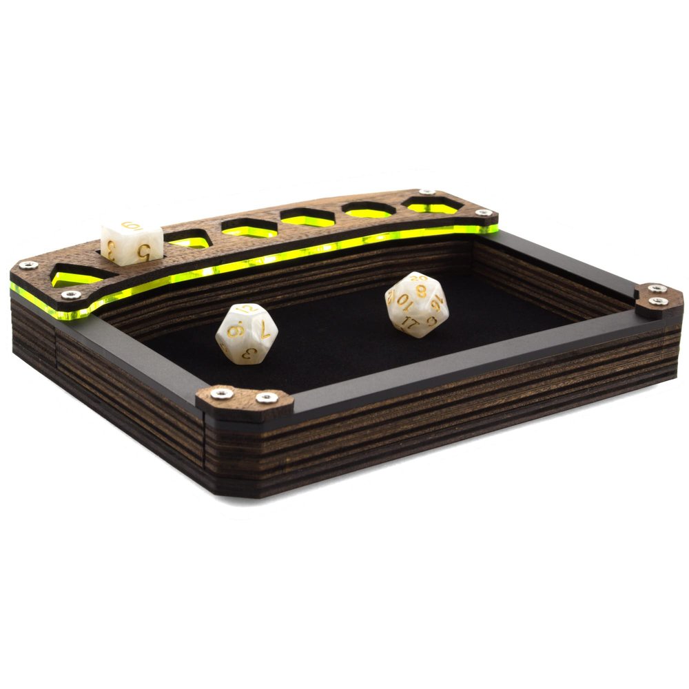 C4Labs Mini Display Dice Tray with Genuine Walnut Top Black Velvet, Laser Lime