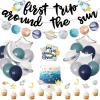 First trip Around the Sun Birthday Decorations -58pcs Outer Space 1st Birthday Banner First Trip Around the Sun Cake Toppers Solar System Party Balloons for Galaxy Party Supplies set view 1