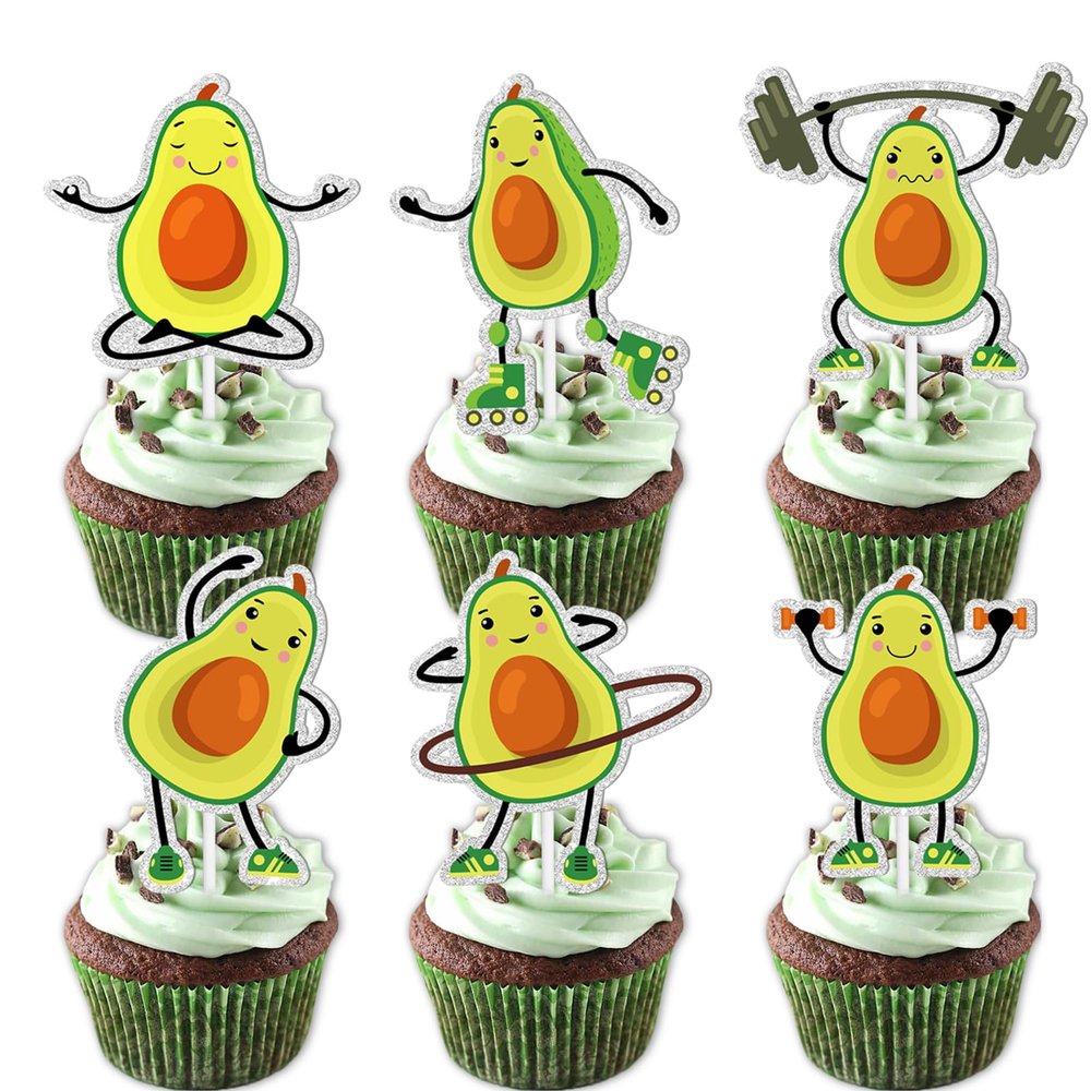 18pcs Green Glitter Holy Guacamole Dessert Cupcake Topper Avocado Dance Theme Decor Supplies Baby Shower Boy Girl Happy Birthday Party Decorations