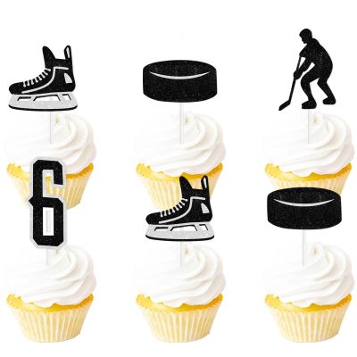 18pcs Black Glitter Ice Hockey Athletes Dessert Cupcake Topper 6 Years Old Theme Decor Supplies Baby Shower Boys Girls Happy Birthday Rookie of The Year Sports Party Decorations