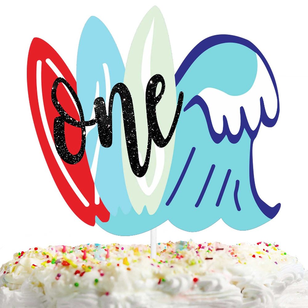 Blue Glitter One Surf Cake Topper 1 Year Old Theme Decor Supplies Baby Shower Boys Girls Happy Birthday Summer Party Decorations