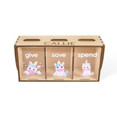 Kids Cartoon Wooden Piggy Banks, Decorative Unicorn Patterns Give Save Spend with 3 Shadow Boxes and Holes, Engraving Name Large Capacity Save Coin Money Box, Christmas Birthday Gift for Kids Toddler
