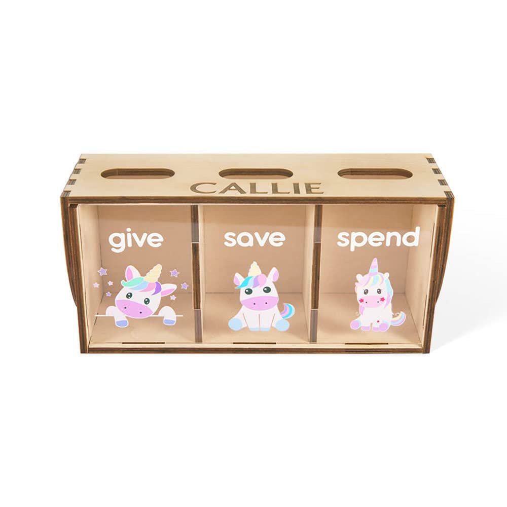 Kids Cartoon Wooden Piggy Banks, Decorative Unicorn Patterns Give Save Spend with 3 Shadow Boxes and Holes, Engraving Name Large Capacity Save Coin Money Box, Christmas Birthday Gift for Kids Toddler