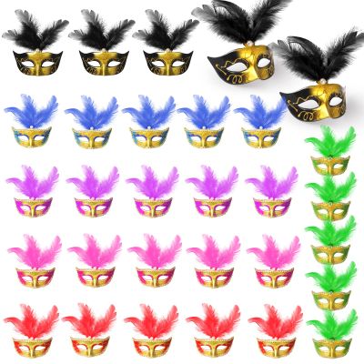 30 Pieces Mini Masquerade Mask, Mini Masks with Feather Masquerade Cake Toppers Mardi Gras Cupcake Toppers Miniature Masks for Table Party Birthday Halloween Decor, 5 Colors
