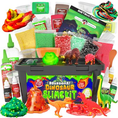 Original Stationery Dinosaur Slime Kit for Boys, DIY Glow-in-The-Dark Slime Set with Lava, Blood & Dino Poop, Fun Sensory Play Activity with Glitter Formula, Gift for Birthdays & Easter
