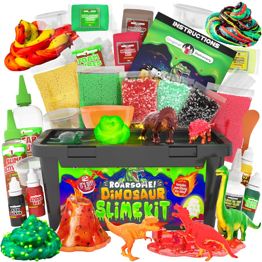 Original Stationery Dinosaur Slime Kit for Boys, DIY Glow-in-The-Dark Slime Set with Lava, Blood & Dino Poop, Fun Sensory Play Activity with Glitter Formula, Gift for Birthdays & Easter