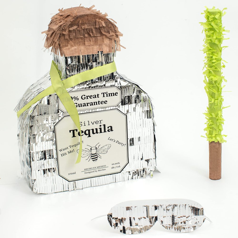 BIRCHIO Tequila Bottle Pinata, Silver, Perfect for Birthday Parties, 10.5 x 10.5 x 4 Inches, 5 Pound Capacity, Adult-Party Pinata