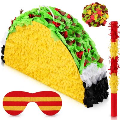 Mini Taco Piata Mexican Decorations Taco Party Supplies Fiesta Cinco De Mayo Party Decorations with Wooden Stick Paper Blindfold Confetti Set for Adults Girls and Boys, 15.8x 10.3 x 2.8 Inch