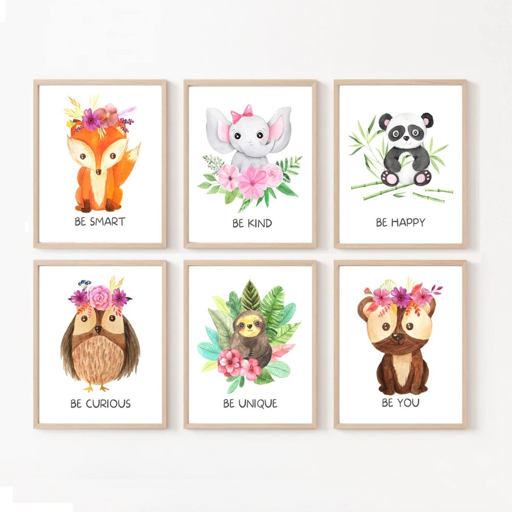 Boho Nursery Decor - Baby Room Dcor, Safari Jungle Animal Wall Art for Nursery, Woodland Nursery Playroom Decor, Great Kids Room Decoration - Boys and Girls, Set of 6 11x14" (Unframed) Made in USA