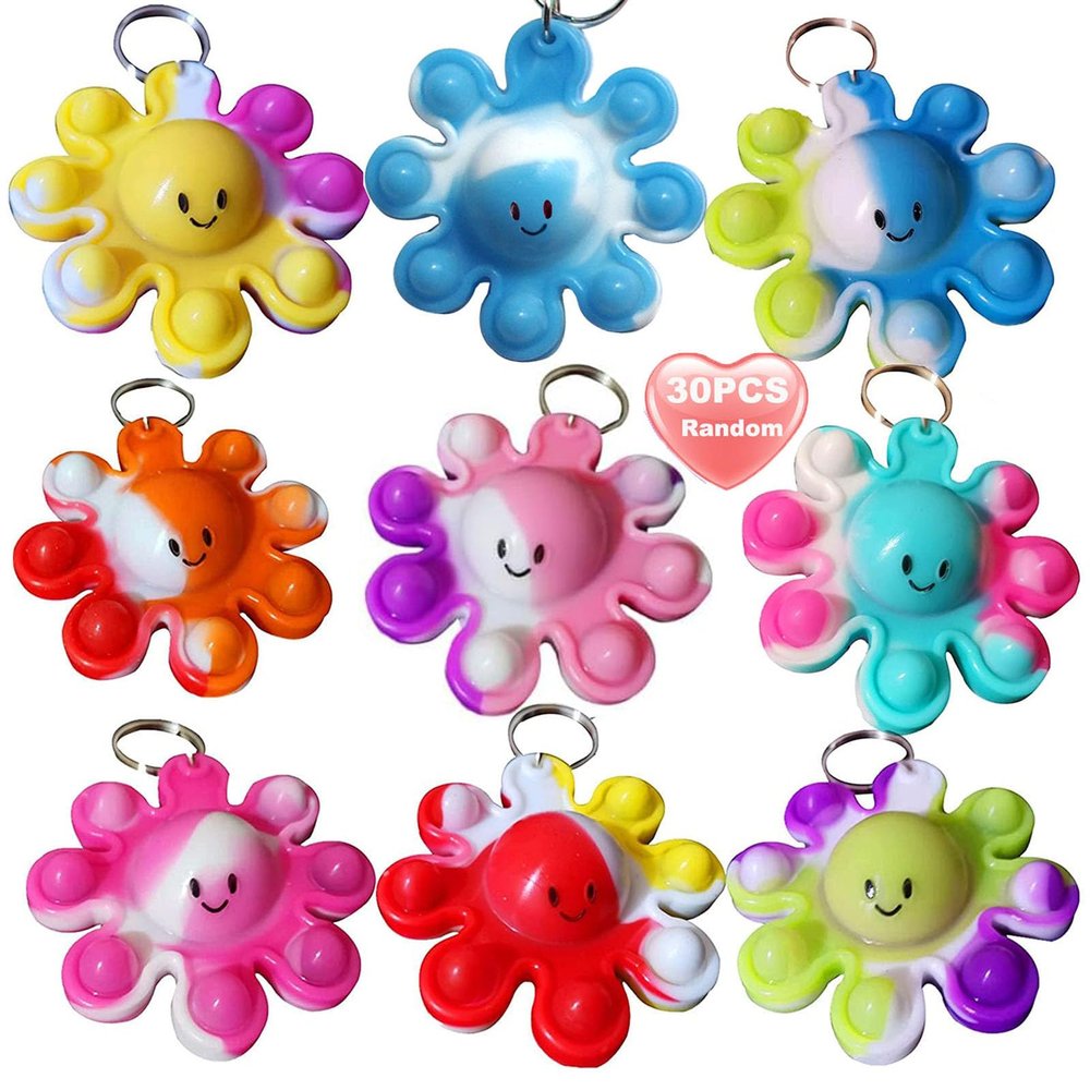 30Pcs Rainbow Bulk Ocean Octopus Mini Pop Backpack Keychain Toy for Student Prizes , Summer Party Favors Gifts, Small Sensory Simple Bubble Fidget (Egg Not Included)