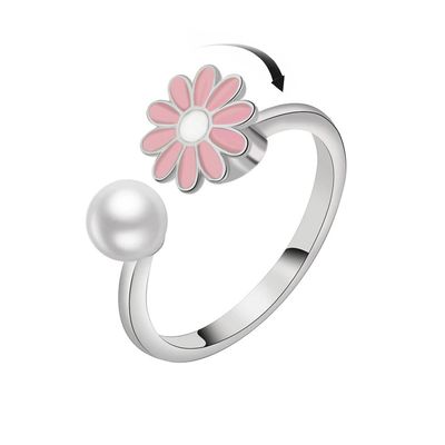 COLORFUL BLING Delicate Silver Cubic Zirconia Daisy Flower Butterfly Fidget Anxiety Rings for Women Adjustable Open Sunflowers Evil Eyes Stress Relief Stackable Rings-C pearl pink