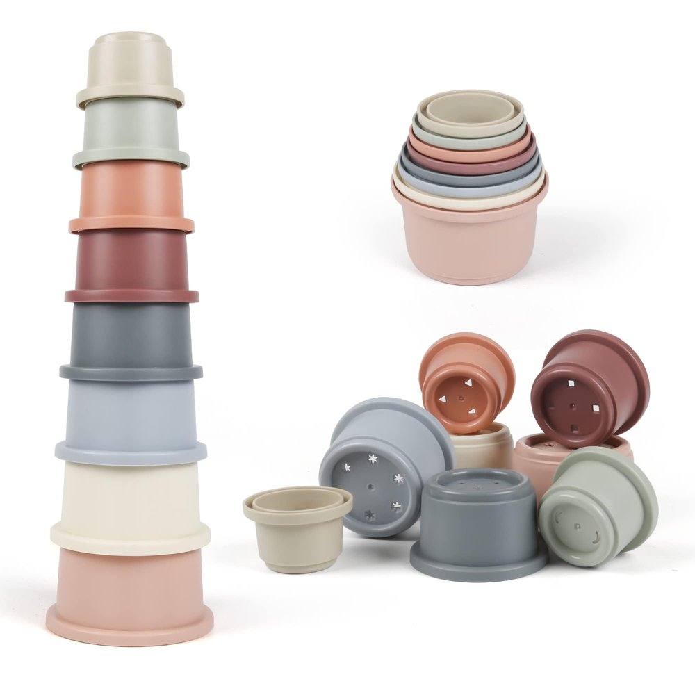 Baby Stacking Cups, Montessori Bath Toy for Toddlers 1-3, 8PCS Stackable Cups with Number Nesting Cups for Babies 6-12 Months, Early Educational Bath Outdoor Sensory Gift for 2-4 Years Old Boys Girls