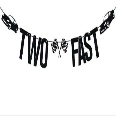 Black Glitter Two Fast Banner, Race Car Happy 2nd Birthday/Cheers to 2 Years, Funny Second Birthday Party Decorations Supplies for Baby Girls Boys Kids