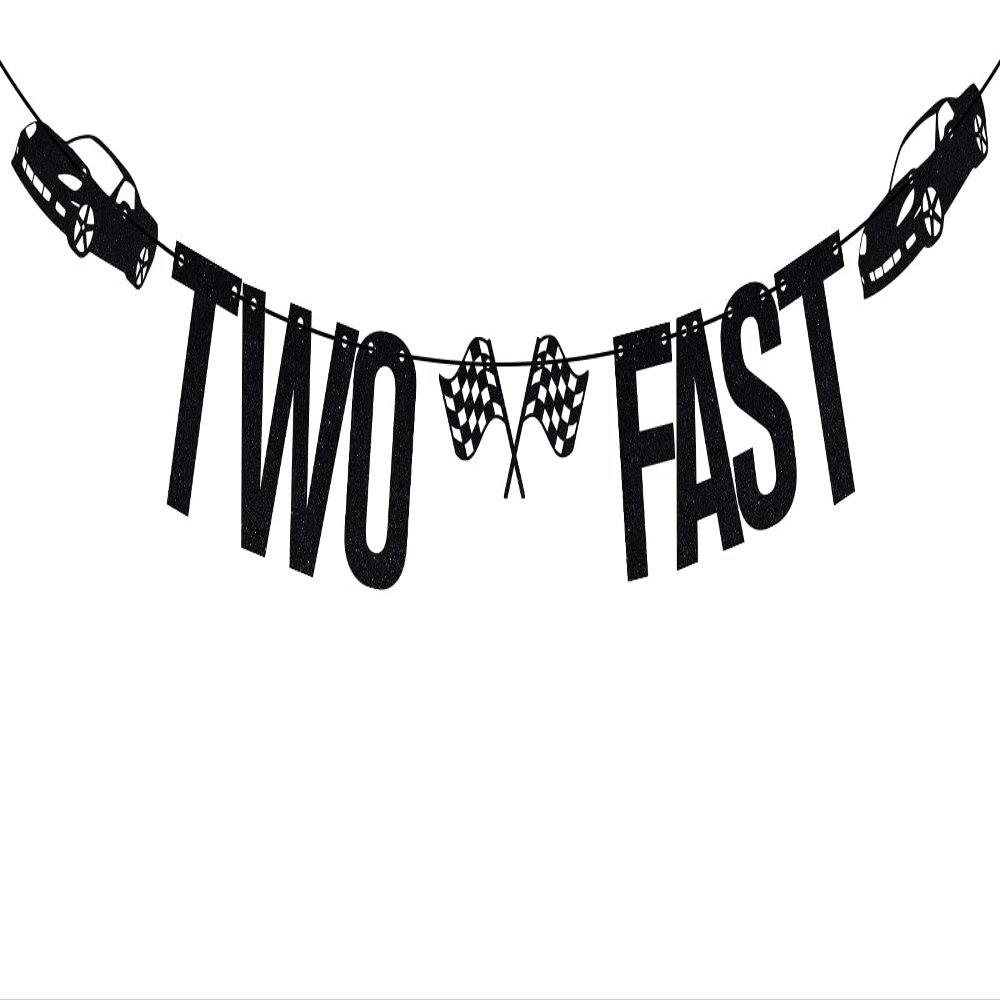 Black Glitter Two Fast Banner, Race Car Happy 2nd Birthday/Cheers to 2 Years, Funny Second Birthday Party Decorations Supplies for Baby Girls Boys Kids