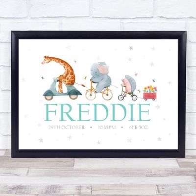 Birth Details Nursery Christening New Baby Animals Bike Keepsake Gift Print