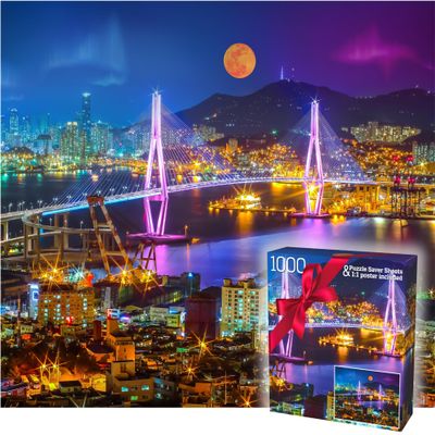 1000 Piece Puzzle for Adults  Vibrant Night Cityscape with Moonlit Bridge, Gift-Ready Box, Letters on Back, 8 Jigsaw Puzzle Saver Sheets & Full-Size Poster by GERJATO  Ideal Gift for Loved Ones