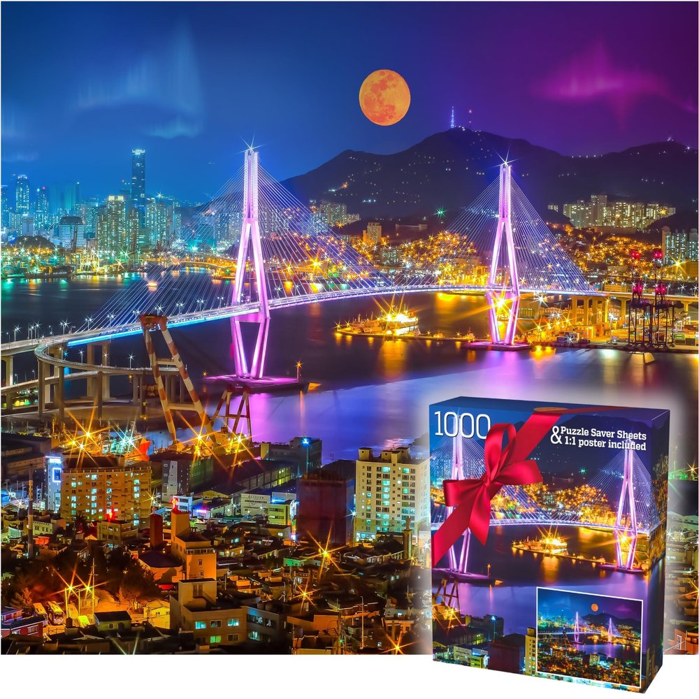 1000 Piece Puzzle for Adults Vibrant Night Cityscape with Moonlit Bridge, Gift-Ready Box, Letters on Back, 8 Jigsaw Puzzle Saver Sheets & Full-Size Poster by GERJATO Ideal Gift for Loved Ones