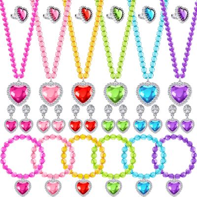 Henoyso 6 Set Princess Jewelry Dress Up Pretend Toy Colorful Jewelry Set with Necklace Bracelet Rings Earrings Princess Costume Beaded Toy Necklace for Party Favors Costume