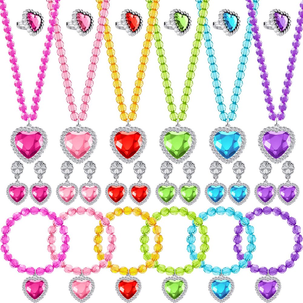 Henoyso 6 Set Princess Jewelry Dress Up Pretend Toy Colorful Jewelry Set with Necklace Bracelet Rings Earrings Princess Costume Beaded Toy Necklace for Party Favors Costume