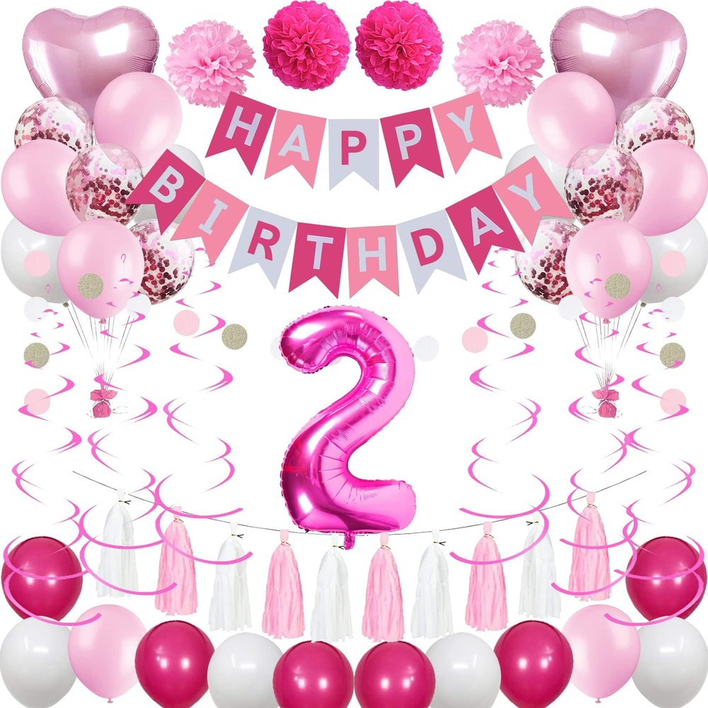 2nd Birthday Decorations for Baby Girl, Pink White 2 Happy Birthday Balloons, Birthday Party Supplies Including Pink Happy Birthday Banner, Number 2 Foil Balloons