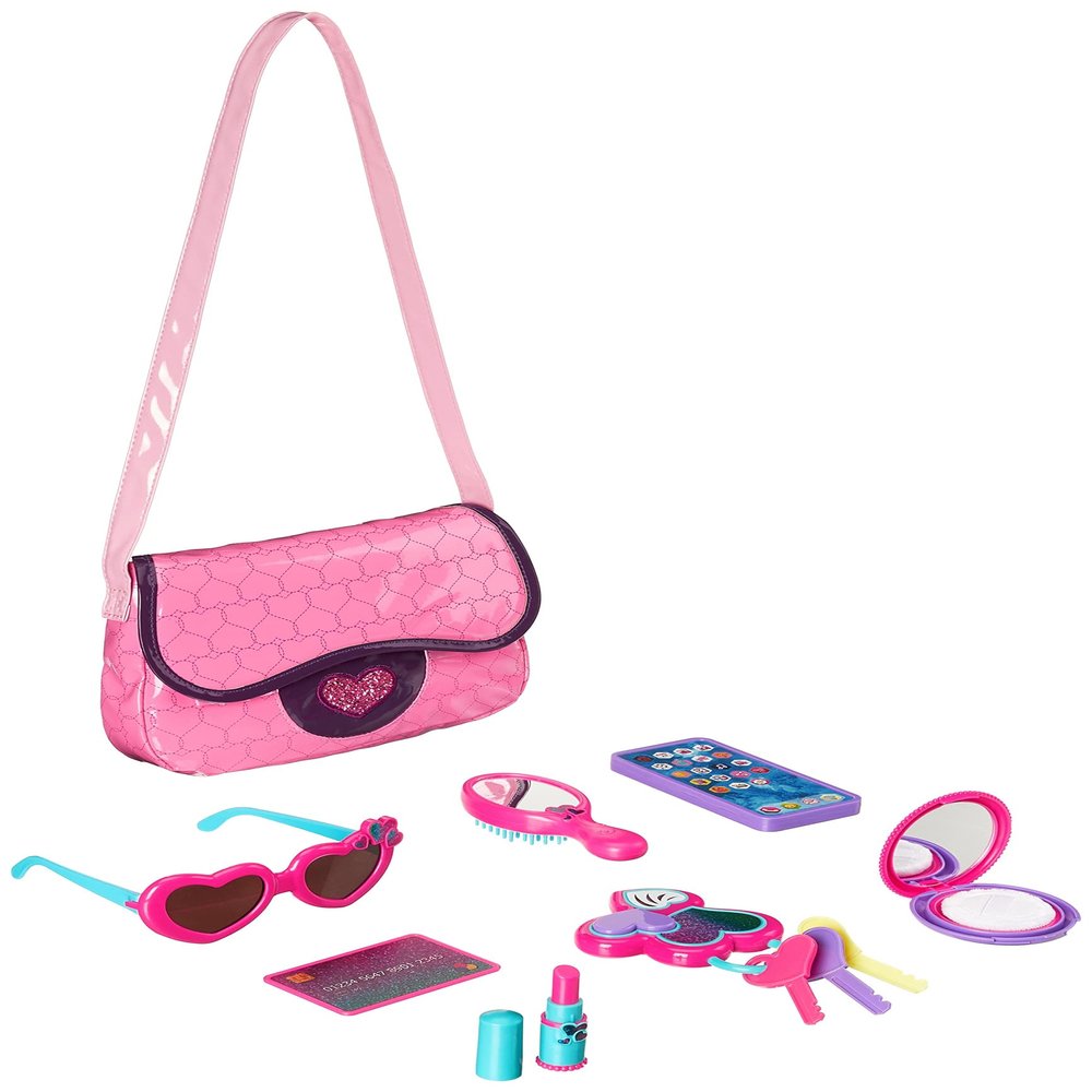 Amazon Basics 8-Piece Pretend Play Purse Toy with Accessories for Girls Ages 3 and Up, Handbag Gift Set Including Smartphone, Sunglasses, Makeup Compact, Keys and Credit Card, Pink