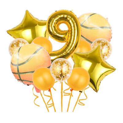 12 Pcs Basketball Theme Balloons, Basketball Theme Decorations Gold Confetti Balloon Foil Star Balloon For Basketball Sports Theme 9th Birthday Party Supplies Gold Number 9 Balloon Decoration