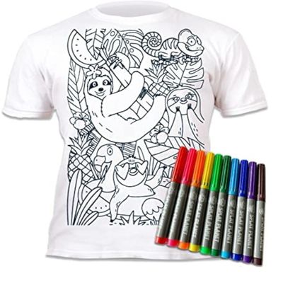 Splat Planet Color-in Sloth Jungle T-Shirt with 10 Non-Toxic Washable Magic Pens - Color in and Wash Out T-Shirt (3-4 Years) White