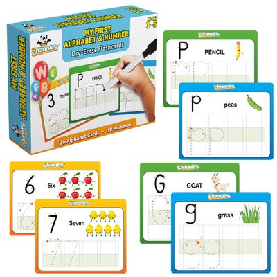 Channies My First Dry Erase Number and Alphabet Flashcards for Kids Ages 3-5, 26 Visual ABC Flash Cards for Letter Tracing + 10 Number Kindergarten Flash Cards, Reusable & Fun