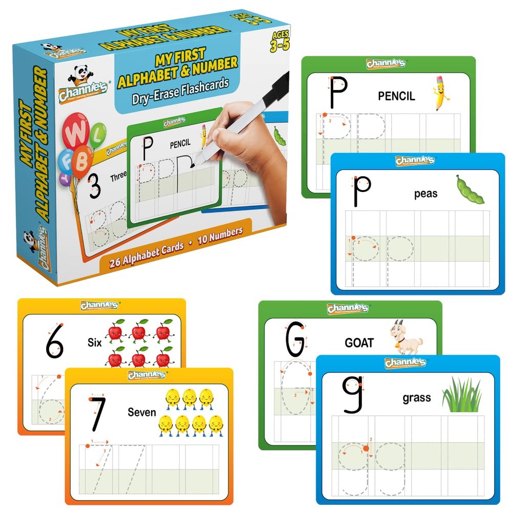 Channies My First Dry Erase Number and Alphabet Flashcards for Kids Ages 3-5, 26 Visual ABC Flash Cards for Letter Tracing + 10 Number Kindergarten Flash Cards, Reusable & Fun
