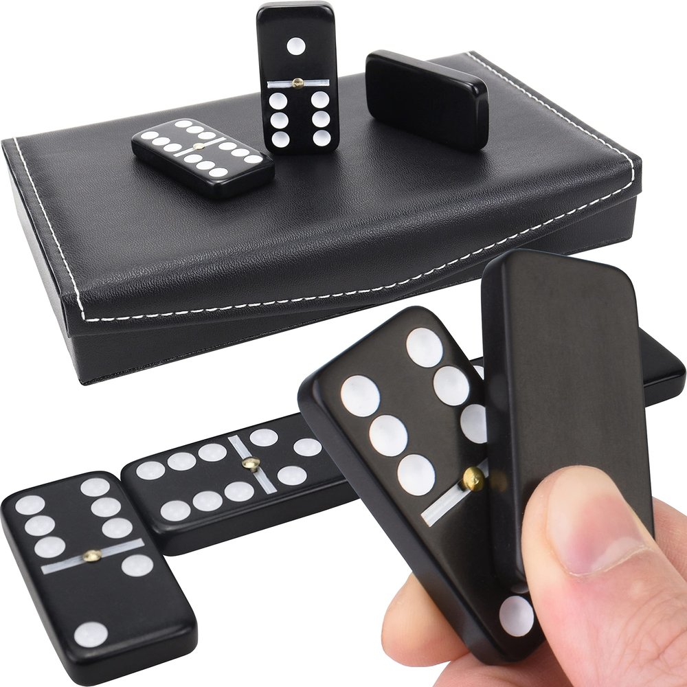 Queensell Dominos Set for Adults and Kids - Dominoes - Domino Classic Board Games, Christmas Games Double Six Standard Dominos Set 28 Tiles with Black PU Leather Case - Juegos de Mesa