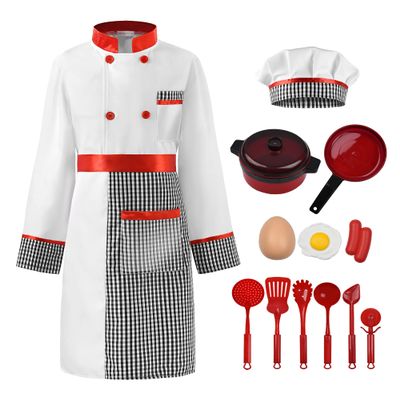 ReliBeauty Kids Chef Costume Set for Kids Boys Girls Role Play with Detachable Apron, 140 White